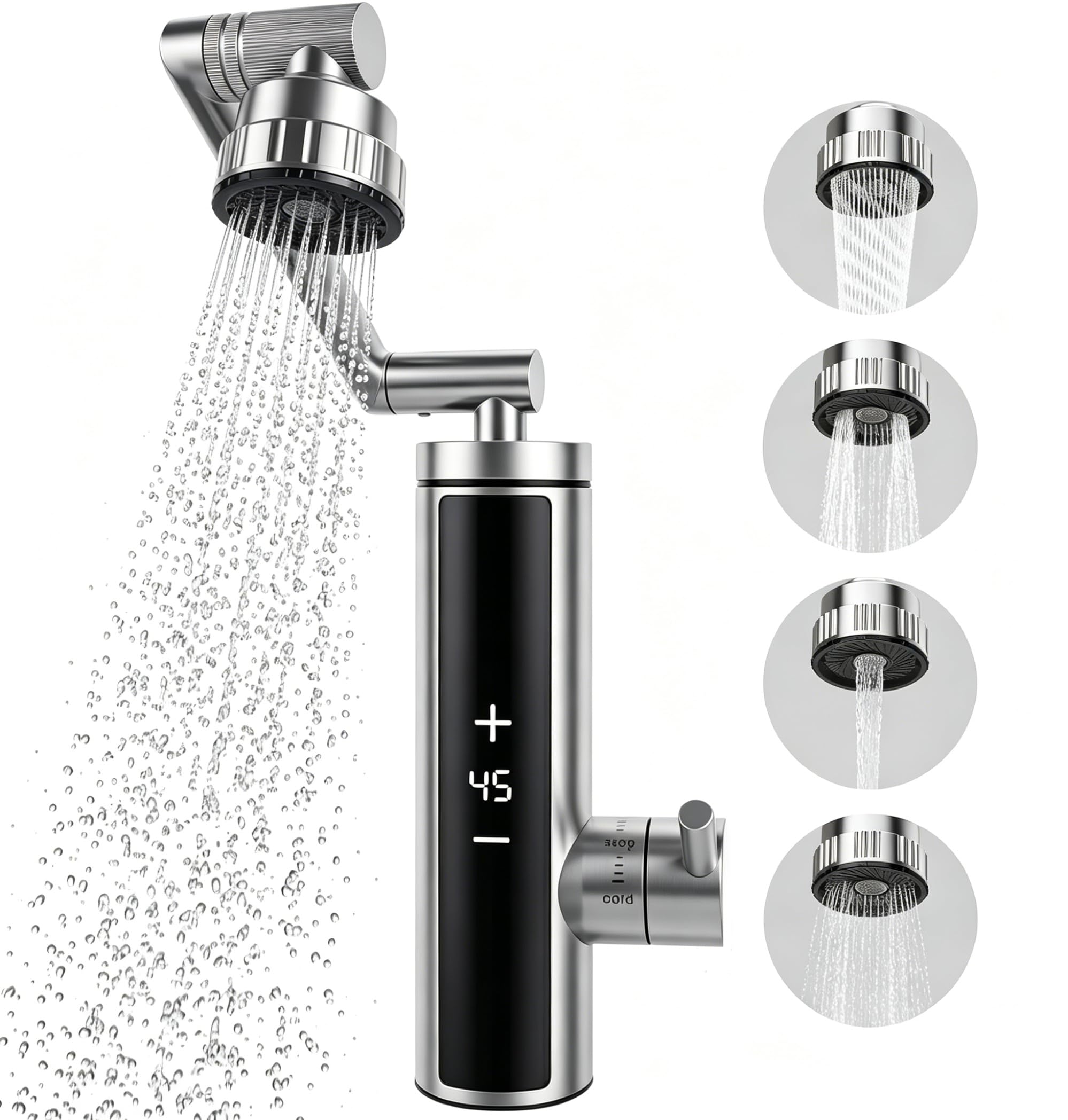 Wasserhahn mit Durchlauferhitzer, Warmwasserhahn Dlektrisch, Elektrischer Heiß- und Kaltmischer Wasserheizhahn mit digitaler Anzeige, 230 V Edelstahl Wasserhahn mit 360° drehbarem (Sliver)