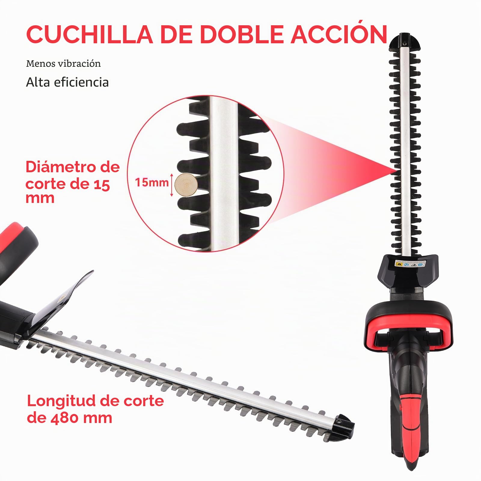 Cortasetos a batería 48 cm, Corte 15 mm con 2 baterías 2.0Ah | 18500 RPM, Cortasetos Eléctrico Inalámbrico para Setos, Arbustos y Jardín