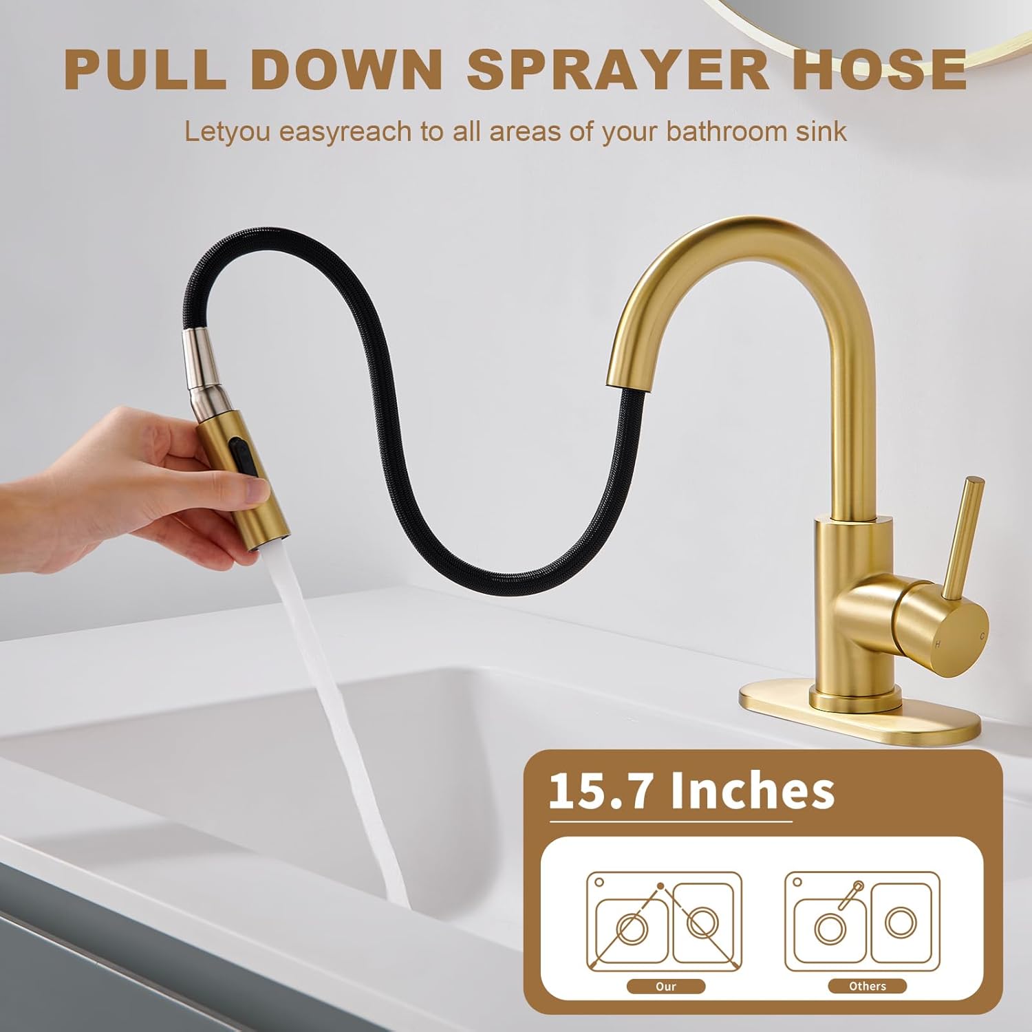 Bathroom Sink Faucet with Pull Down Sprayer,Single Handle Pull Out Faucet with Pop-Up Drain, 1 or 3 Hole Laundry Bar Basin Brushed Gold Faucet with Deck Plate - Image 4