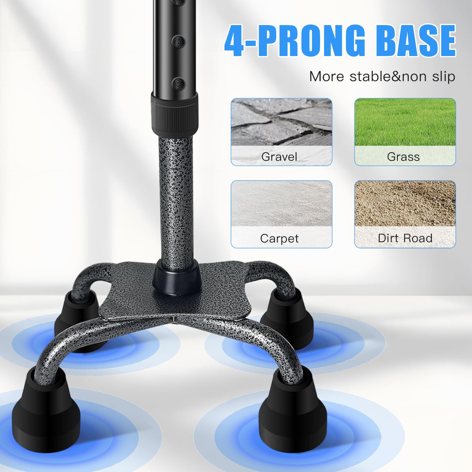 Bastone Pieghevole con Base a 4 Rebbi e Doppia Impugnatura - Aiuto alla Deambulazione Regolabile e Leggero per Donna/Uomo - Bastone Quad Stabile per Anziani e Adulti - Impugnatura Morbida Ergonomica