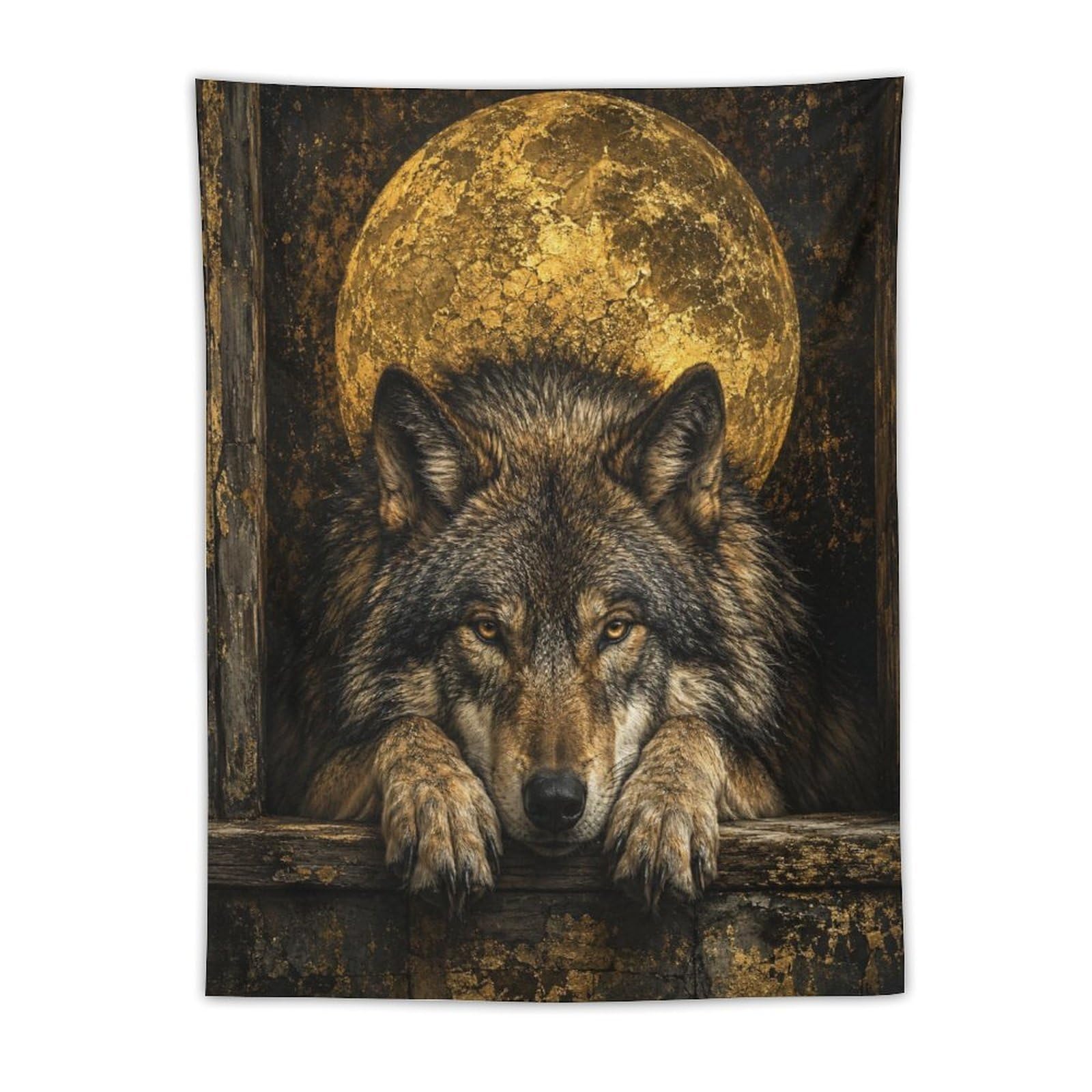 H3B8U2Y5 Wolf Portrait Golden Moon Wall Tapestry, Realistic Illustration