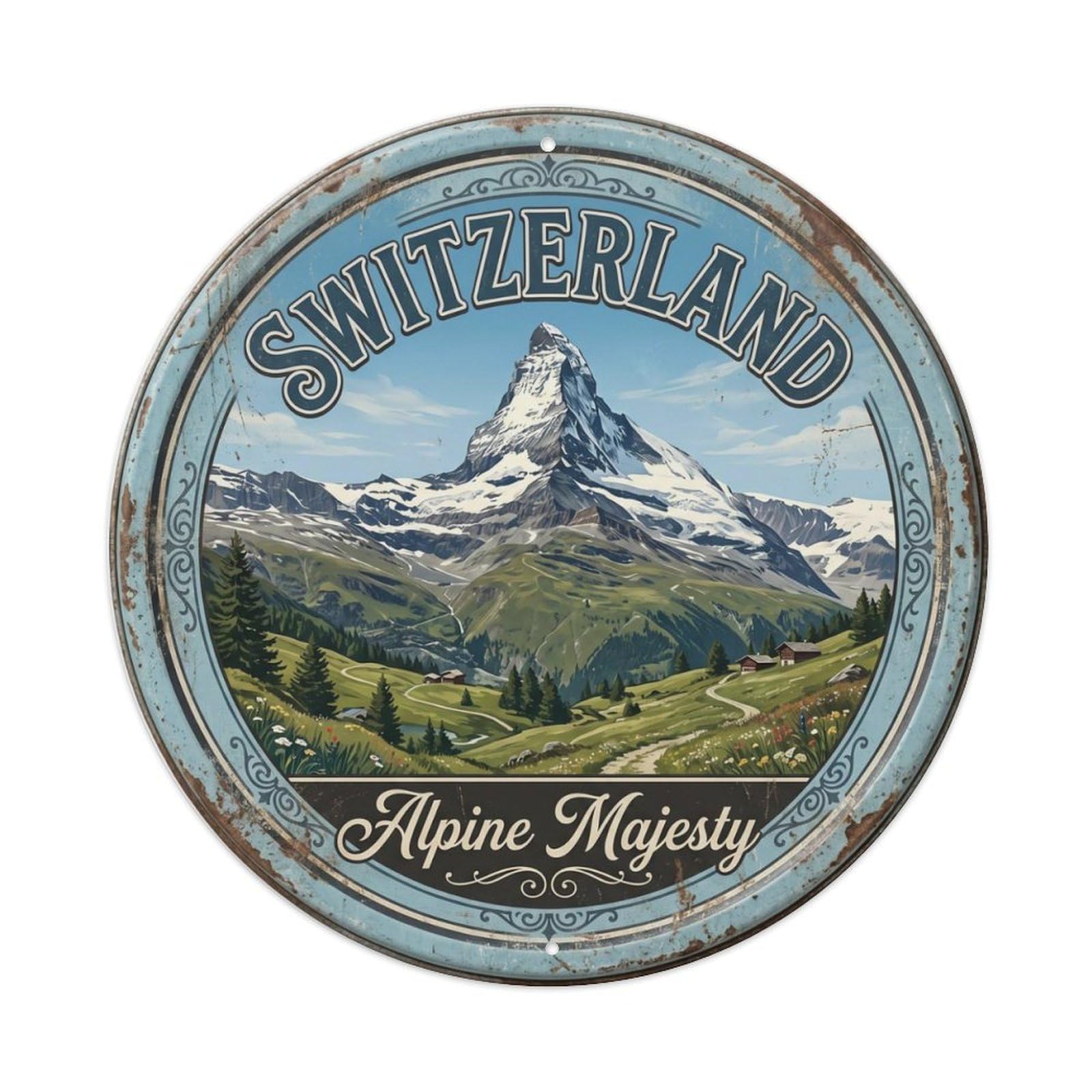 Vintage Travel Matterhorn Alpine Majesty Metal Tin Sign Plaque Wall Decor for Cafe, Club, Garden Round Metal Poster 8x8Inch