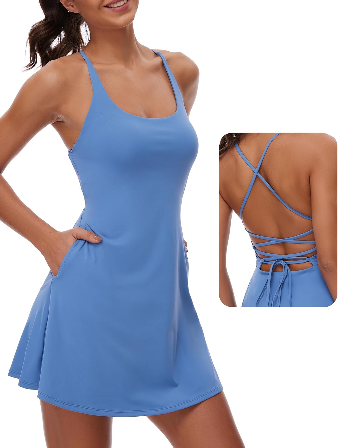 Sleeveless open back dress with builtin bra and pockets