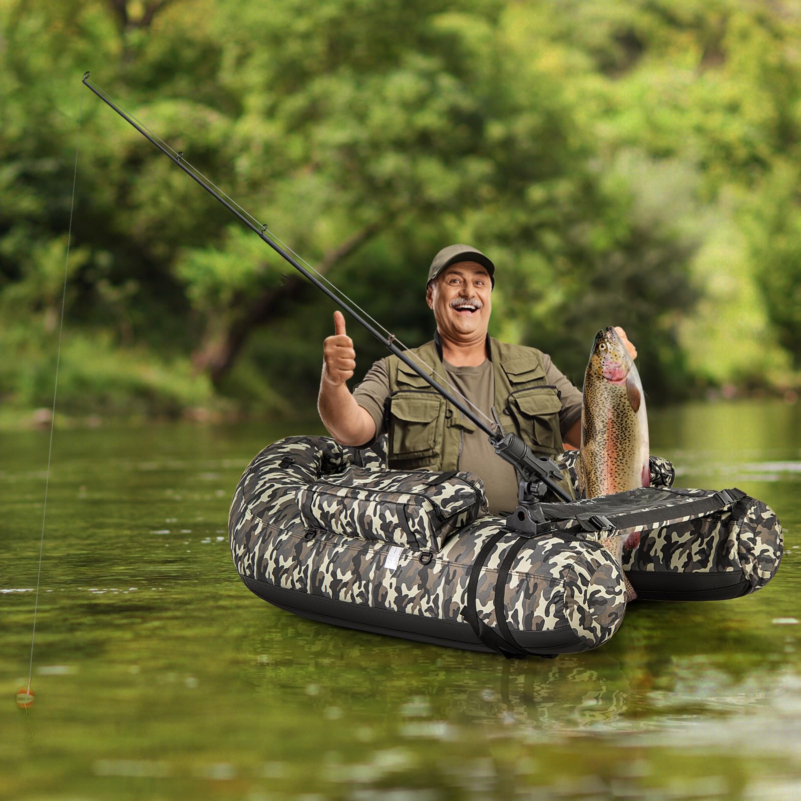 HOMASIS Bateau de Pêche Pneumatique pour Adultes,Bateau Gonflable Simple avec Palmes/Pompe/Pagaie pour gonflage,Canot de pêche avec Réservoir Gonflable pour Pêche Charge 150 kg,Camouflage