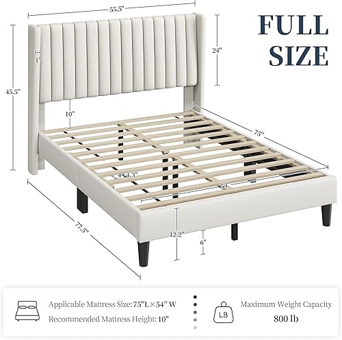 Miniatura 2 de Yaheetech - Base de cama matrimonial con plataforma tapizada y cabecera de tela, diseño de borde ala, antideslizante y silenciosa, soporte de