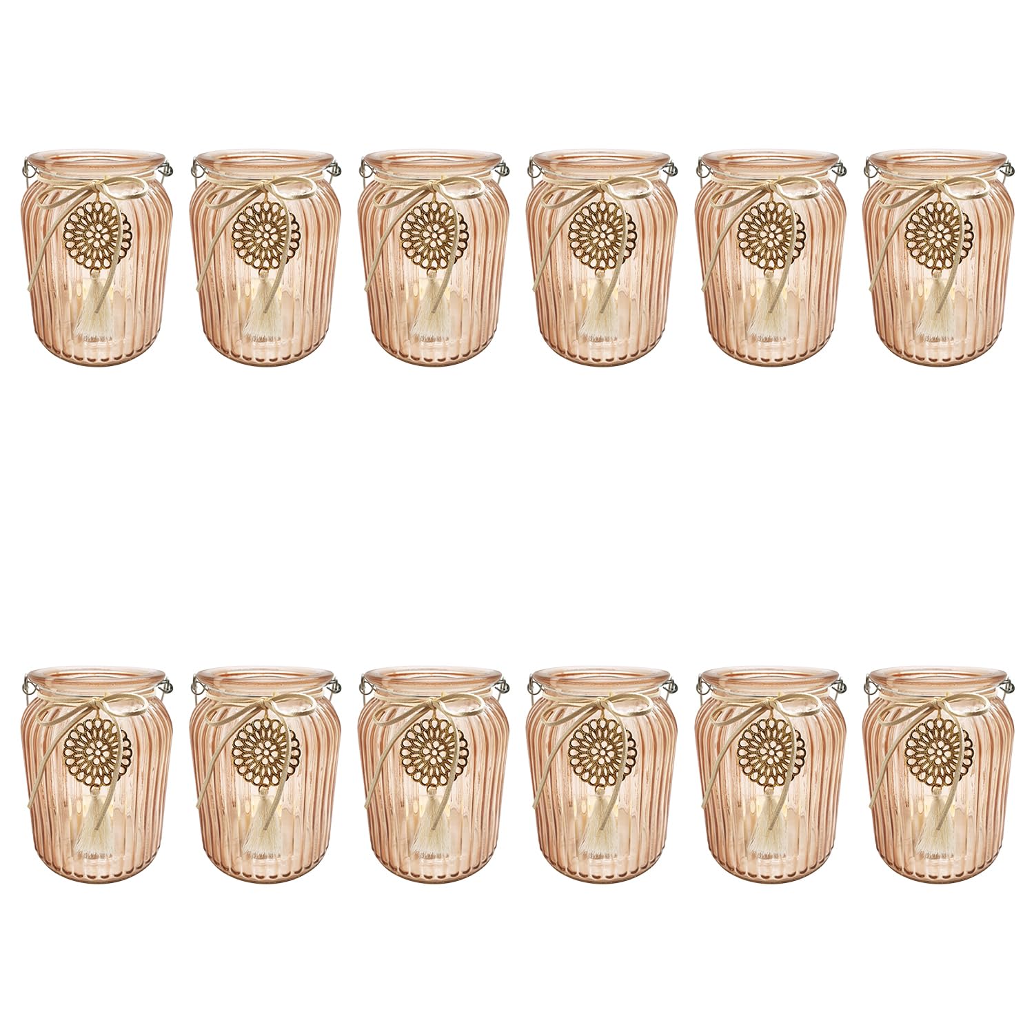 pajoma® Kerzenhalter 12er-Set aus Glas - mit Henkel und Anhänger, Mandala | H 14.5 x Ø 11 cm, Pantone 7590C Tischdekoration für Hochzeit, Deko