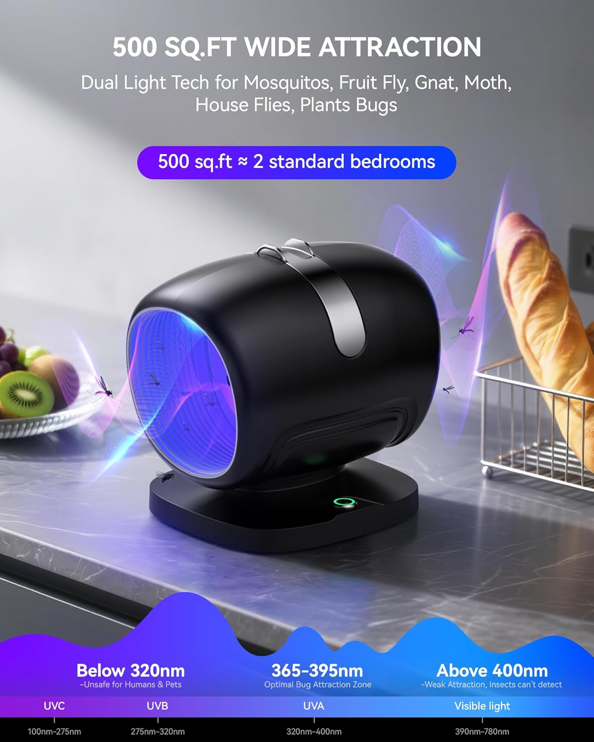 Fruit Fly Traps for Indoors, ZEVQI POWER Fly Trap Indoor Gnat Traps for Mosquitos, Gnats, Moths, Fruit Flies, Bug Catcher Bug Light & Sticky Glue with 6PCS Refills