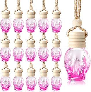 20 Pieces Hanging Car Air Freshener Gradient Pink Diffuser Bottles Empty Glass Perfume Refillable Essential Oil Aromatherapy Diffuser Pendant for Auto Interior Accessories(Skull Style)