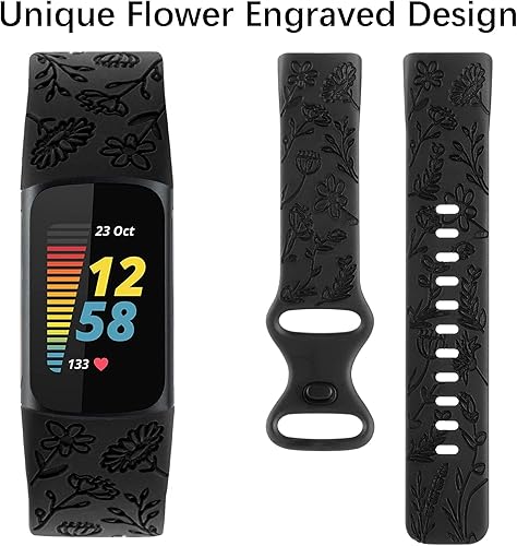 Miniatura 2 de Bandas grabadas con flores compatibles con Fitbit Charge 5Charge 6 bandas para mujer, lindo grabado floral, correa deportiva de silicona suave,