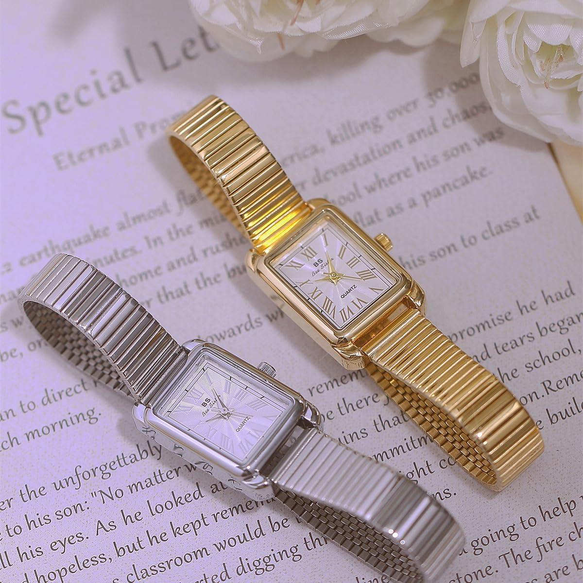 CARLIEN Womens Vintage Classic Rectangular Waterproof Quartz Watch Stainless Slim Steel Band Small Dainty Gold Silver 3-Hand Analog Watch Roman Numerals Ladies Casual Business Dress Bracelet