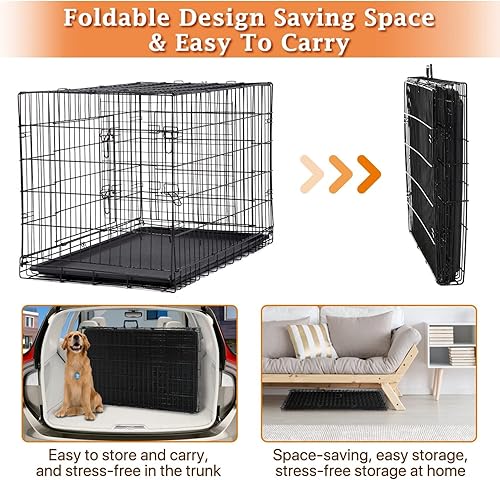 Miniatura 7 de Jaula para perros extra grande de 48 pulgadas, diseño de doble puerta a prueba de fugas con panel divisor, plegable con bandeja extraíble, uso