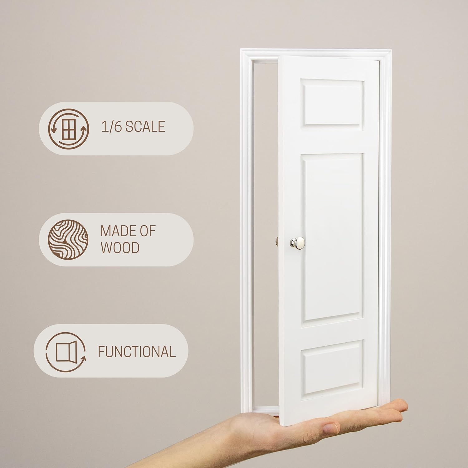 1/6 Scale Wooden Dollhouse 3 Panel Door, White | 3-Panel Design with Handles, Classic Design, Easy Installation