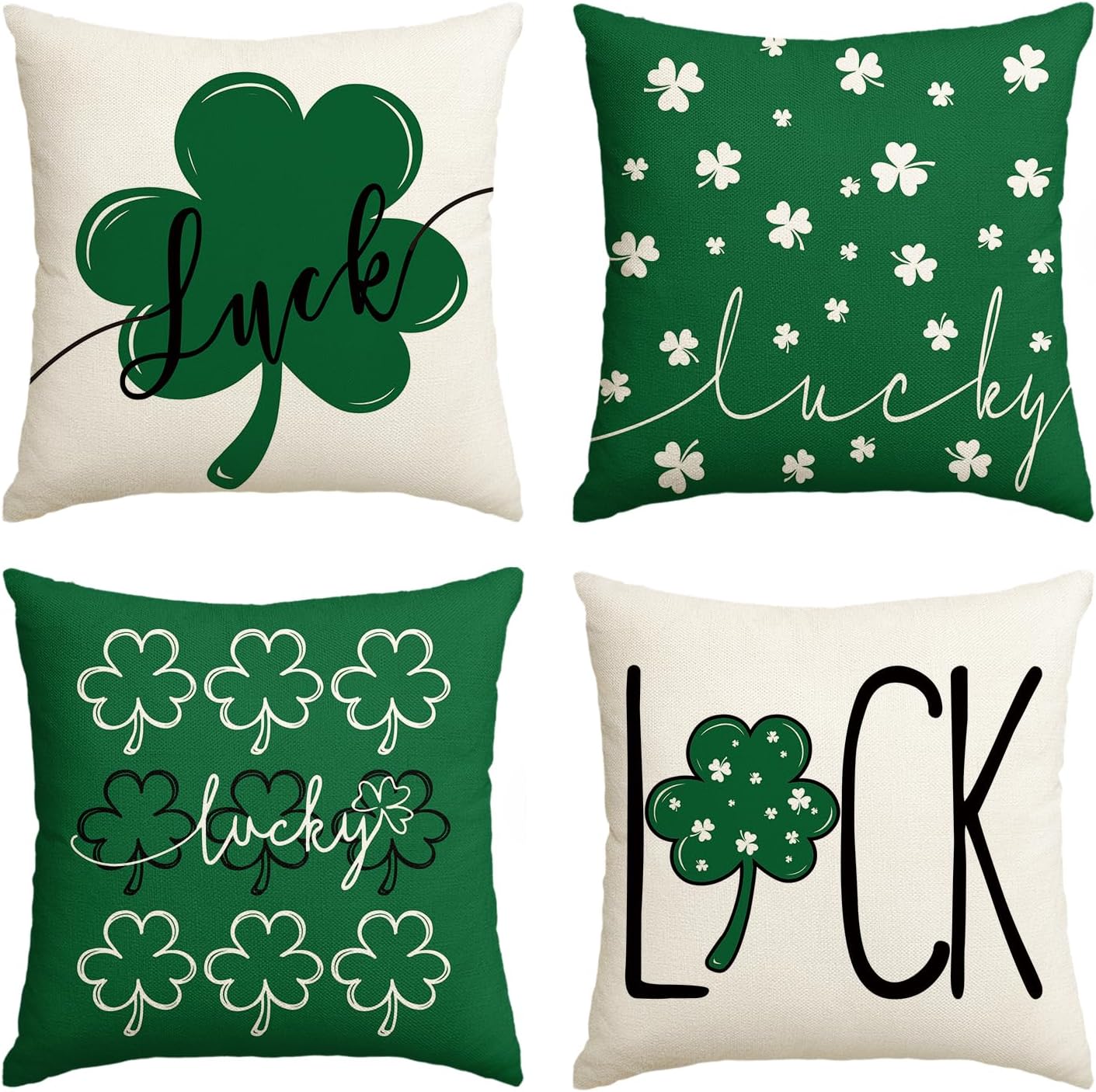 AVOIN colorlife St Patrick's Day Lucky Clover Throw Pillow Covers, 20 x 20 Inch Green Luck Decoration for Sofa Couch Set of 4