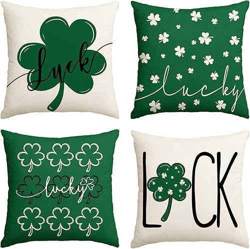 AVOIN colorlife Juego de 4 fundas de almohada de trébol de la suerte del día de San Patricio, 18 x 18 pulgadas, decoración de la suerte verde para
