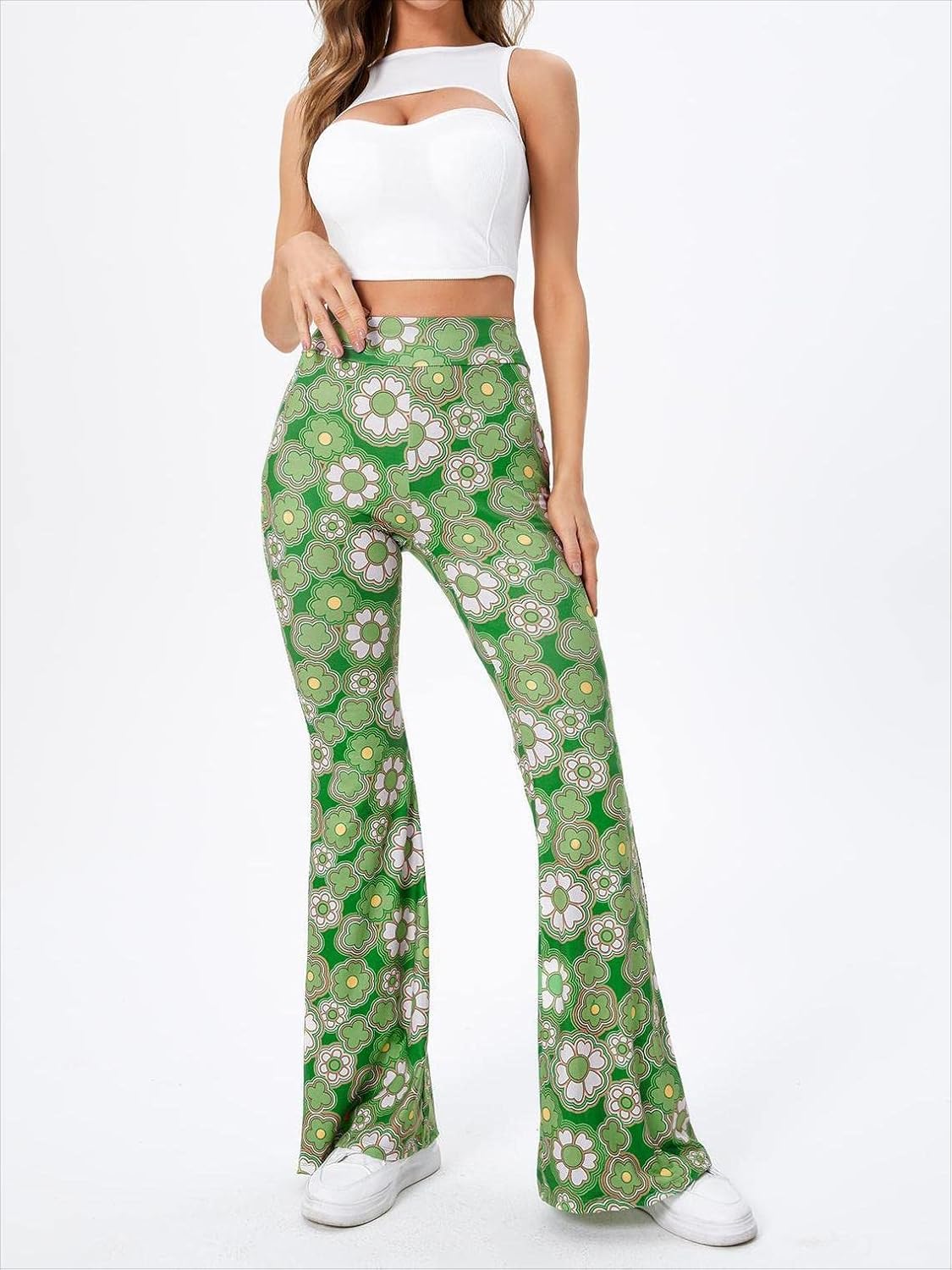 WDIRARA Women's Elastic High Waist Allover Print Floral Bell Bottom Flare Leg Long Pants - Image 6