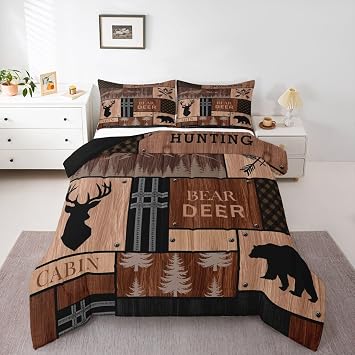 Feelyou Rustic Bear Deer Antlers Comforter Set Queen Size, Camping Adventure Bedding Set Kids Toddler Cabin Buffalo Comforter Farmhouse Lodge Duvet Set Breathable Quilt Set 3Pcs