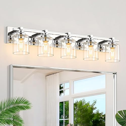 Miniatura 54 de 1 Lámpara Moderna para Baño sobre Espejo, Luces de Tocador Cromadas para Apliques de Pared de Baño con Pantallas de Vidrio Blanco Lechoso, Casquillo