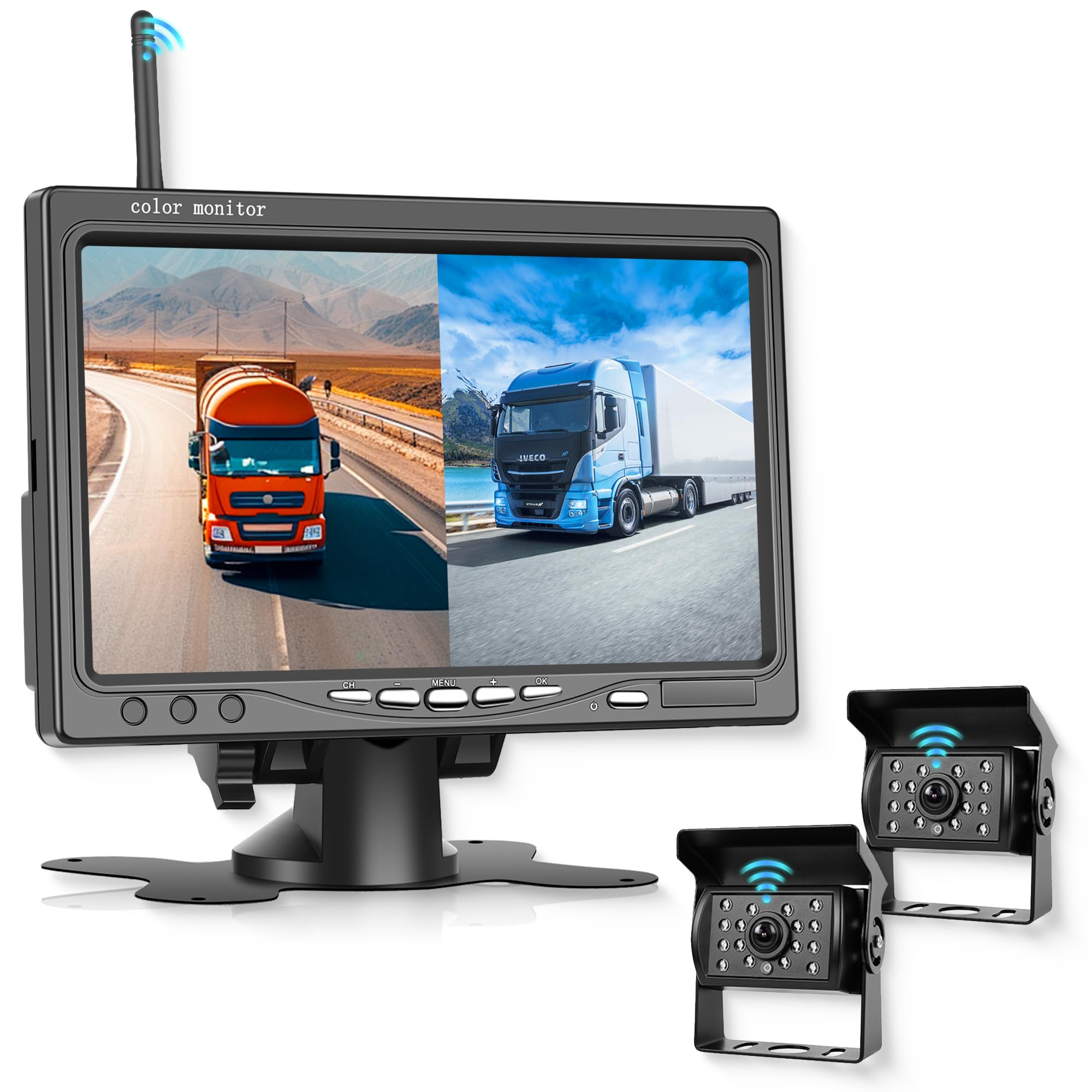 Rimoody Inalámbrica Cámara de Marcha Atrás 2 Cámara Kit con 7 Pulgadas Monitor 2 Pantalla Dividida, Visión Nocturna/BSD/Voltear Imagen/IP68 Impermeable para Camión/Autobús/Van/Camper/Remolque/Caravana
