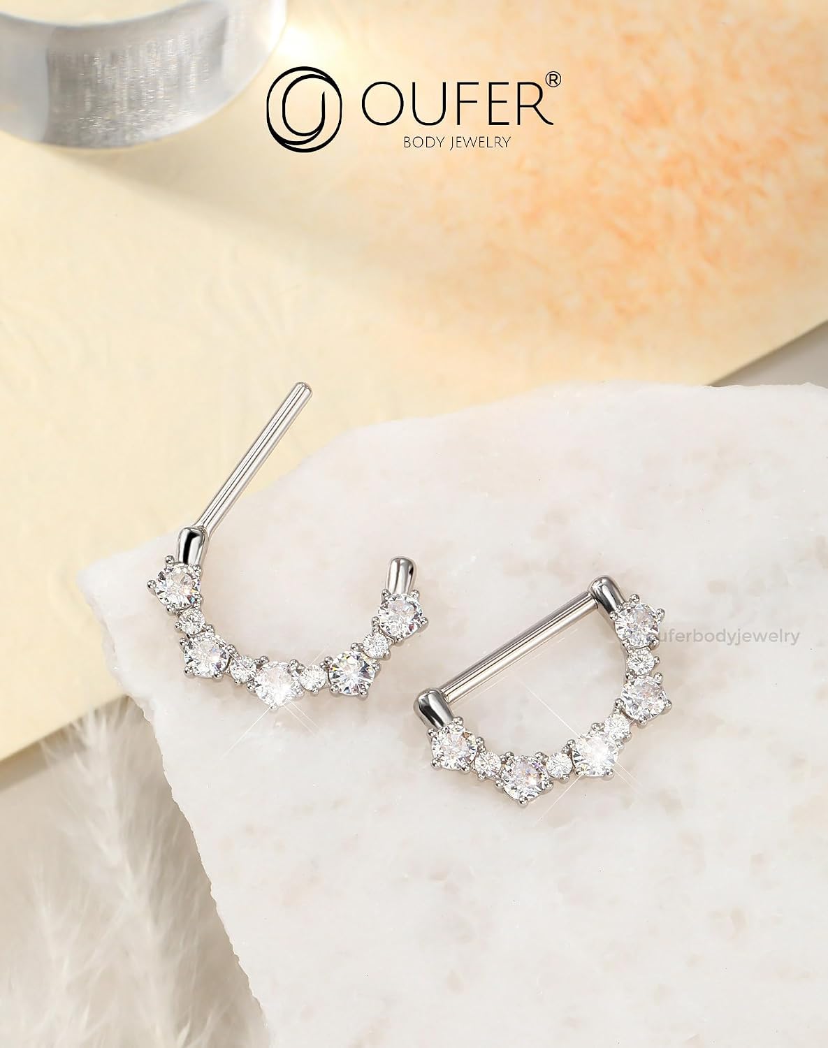 OUFER 2PCS 14G Nipple Rings, 316l Surgical Steel Nipple Piercing Jewelry, Round Clear CZ Nipple Barbells, Clicker Nipple Rings For Women- Silver/Gold