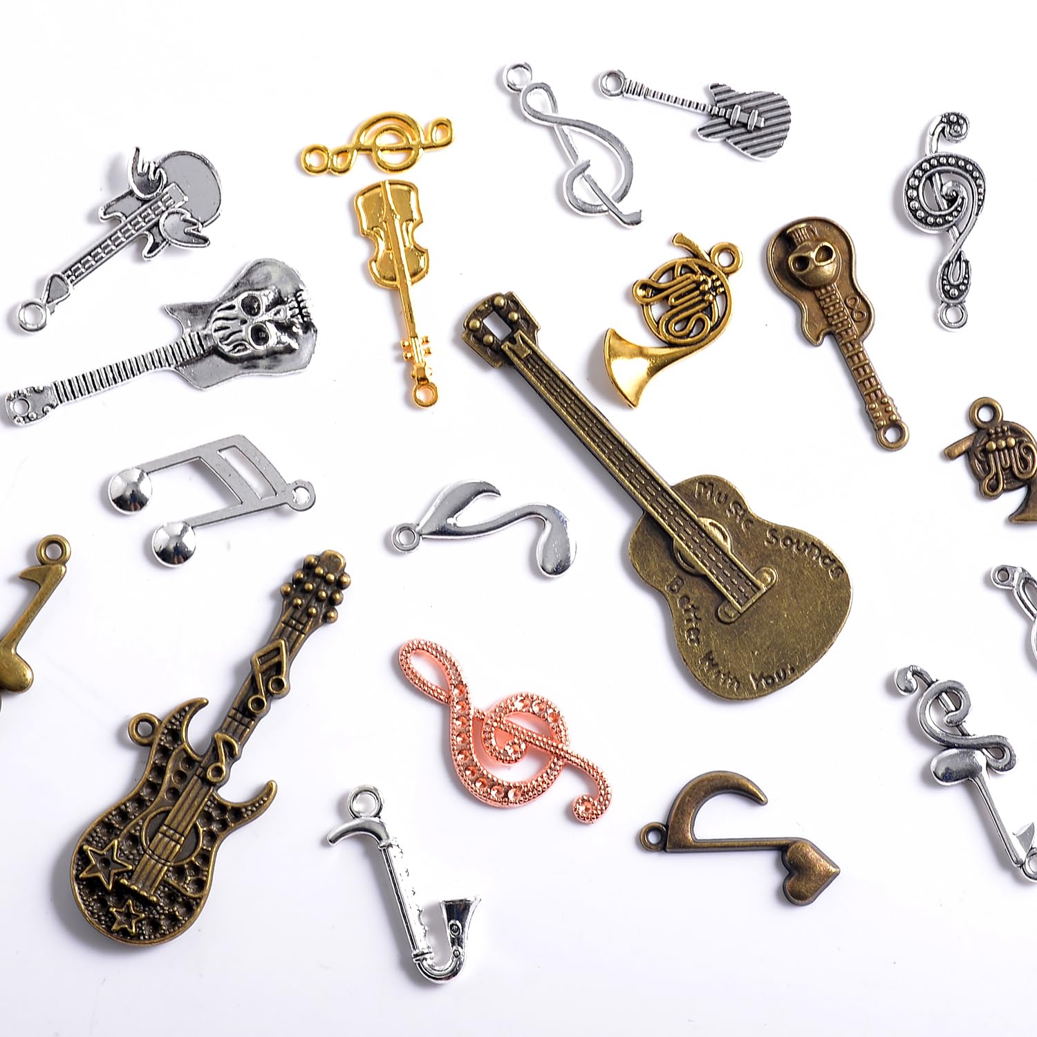 stino Music Charms 100g, Silver & Gold Guitar Charms for Jewelry Making and Crafting, Multi-Purpose Charms for Bracelets, Necklaces, Key Chains etc., Rich Choice of 30 Themes