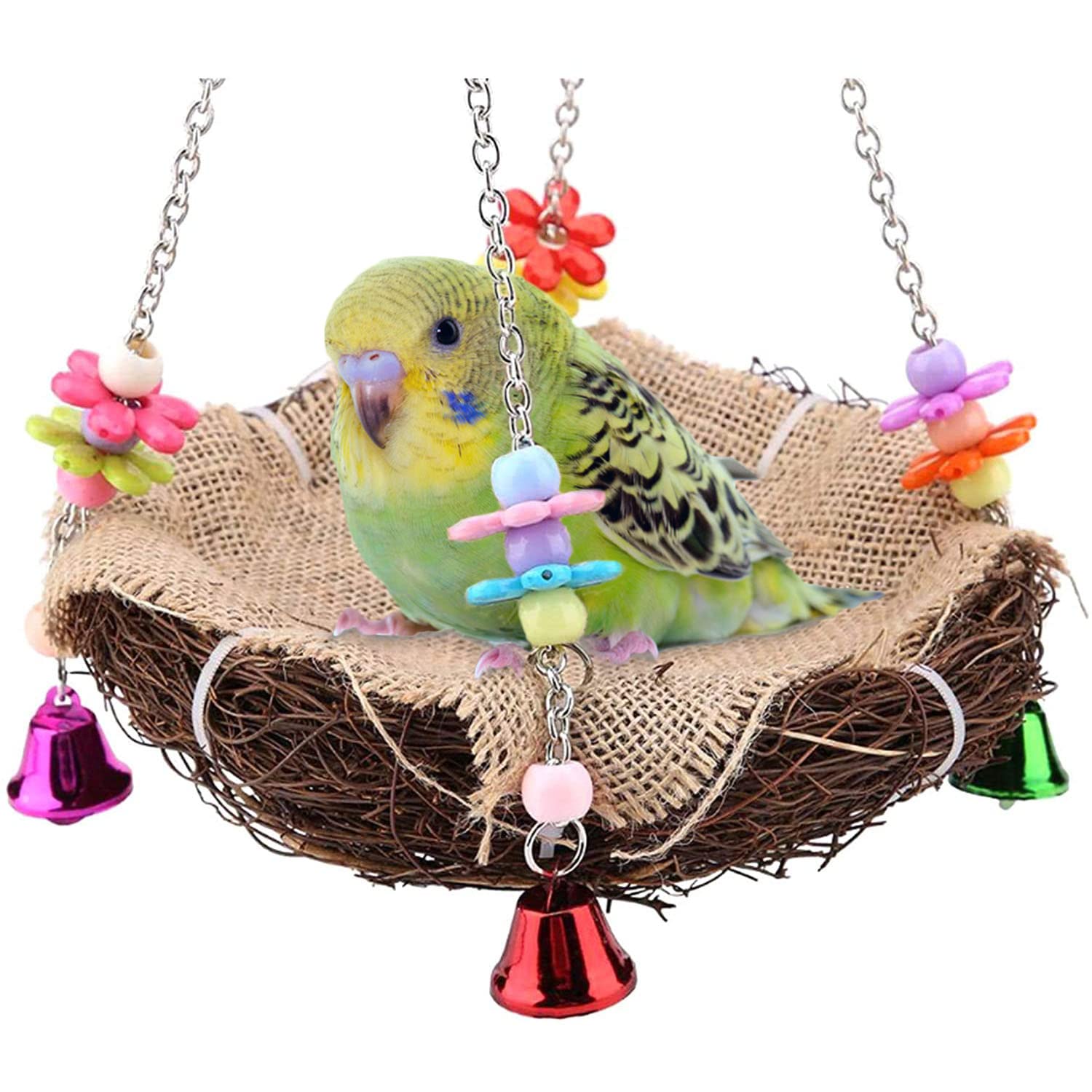 TAMEParrot Swing Perch Rattan Birds Nest Toys, Parrot Hanging Swing Nest with Bells Bird Cage Accessories for Cockatoo Parakeet Cockatiel Lovebird Finch