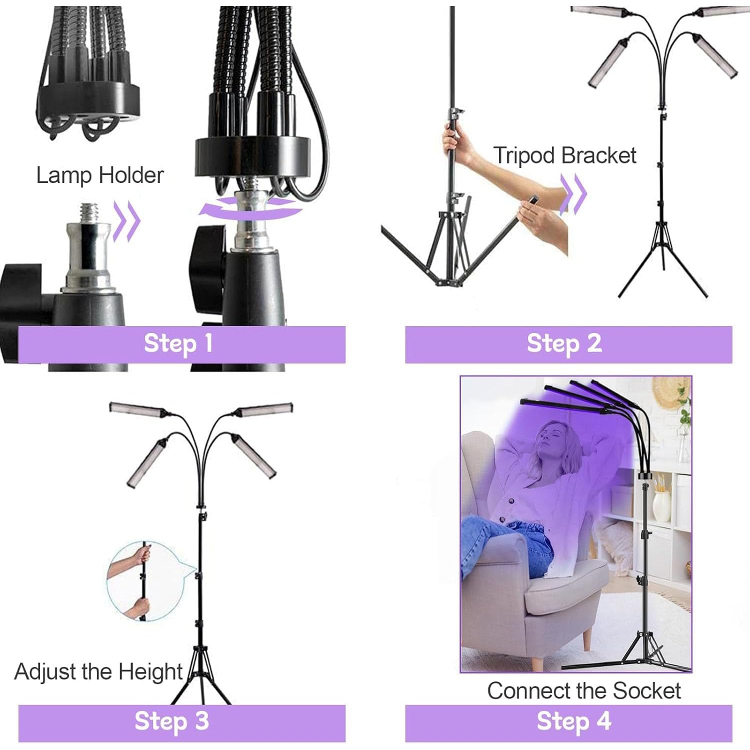 4-głowicowa Lampa Opalająca Do Twarzy, Podwójna Lampa Solaryjna Do Opalania Twarzy Z Trójkątnym Uchwytem, ​​obrót O 360°, Zakres Regulacji Wysokości Od 15 Do 61 Cali (do Twarzy I Ciała)