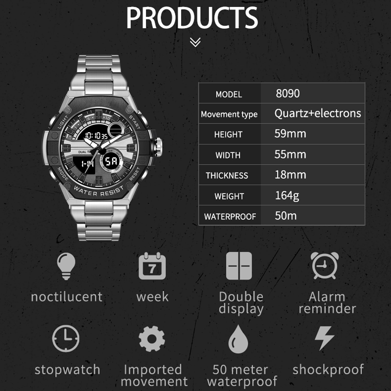 findtime Męski zegarek wojskowy cyfrowy analogowy zegarek wodoodporny zegarek ze stali nierdzewnej sportowy na zewnątrz taktyczny zegarek na rękę z budzikiem stoperem LED kalendarz