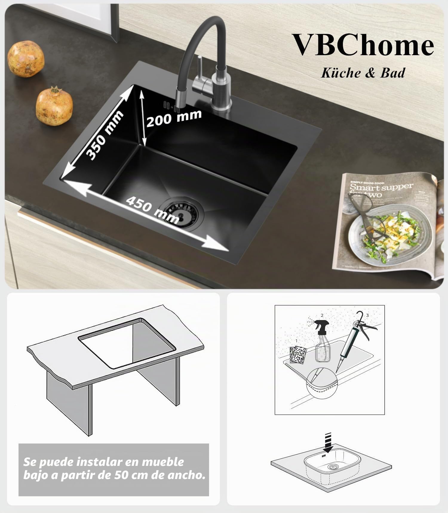 VBChome Fregadero de acero inoxidable con grifo, 50 x 45 cm, color negro, acero inoxidable, con orificio para grifo, fregadero grande, desagüe de acero inoxidable, color negro mate con caño flexible
