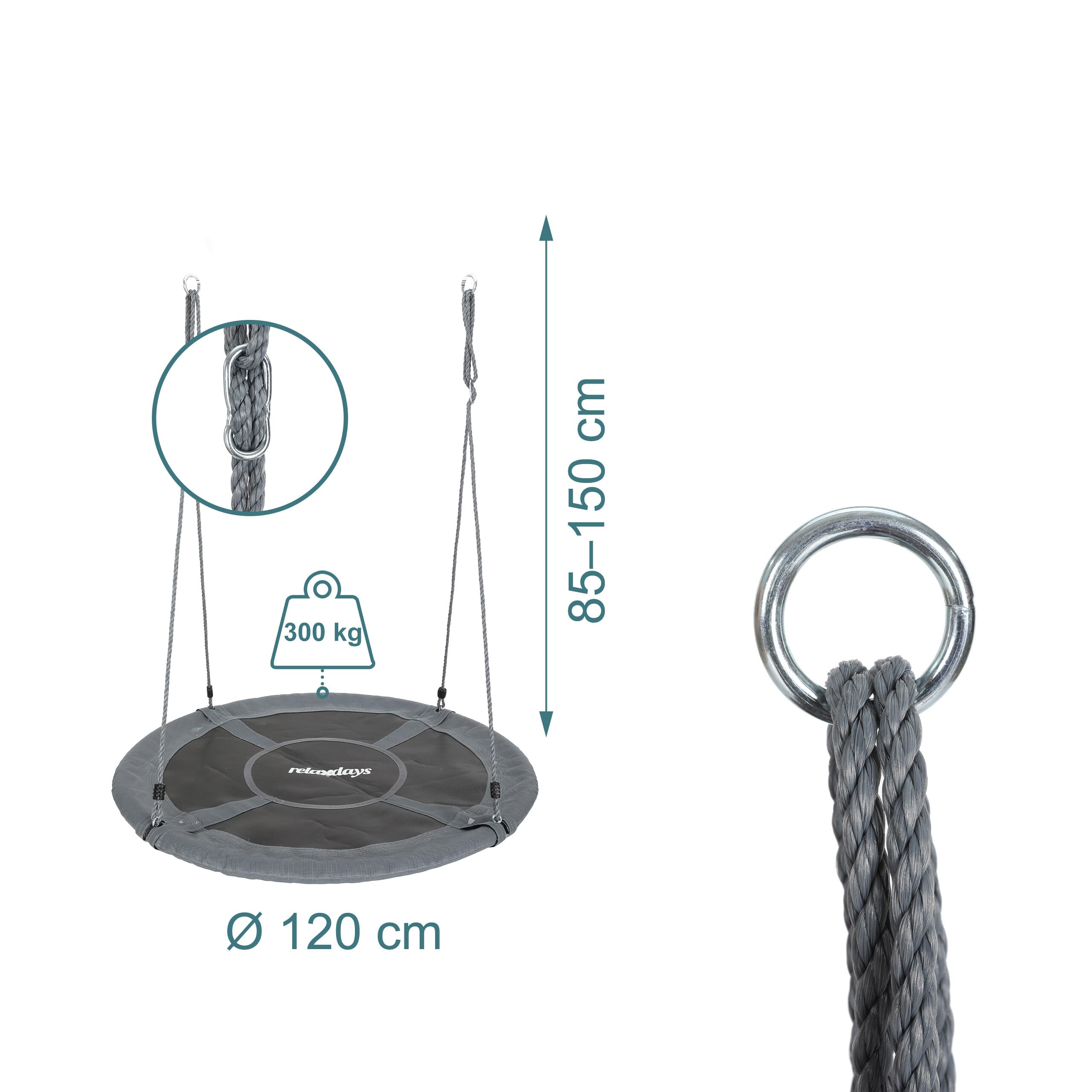 Relaxdays Altalena Nido XXL Rotonda, Regolabile, Fino a 300 kg, Outdoor, Ø 120 cm, Grigia