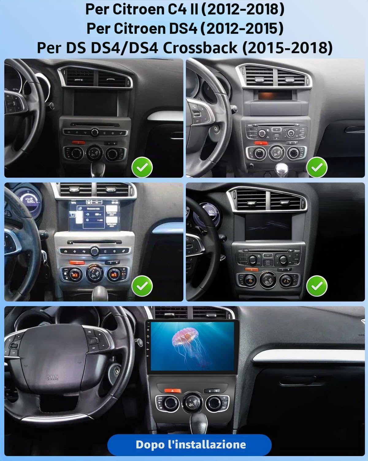 NHOPEEW Autoradio Android 2G+64G per Citroën C4 II / DS4 / DS4 Crossback 2012-2018, touchscreen da 9", CarPlay Android Auto, WiFi GPS FM RDS, schermo diviso, SWC, telecamera posteriore AHD
