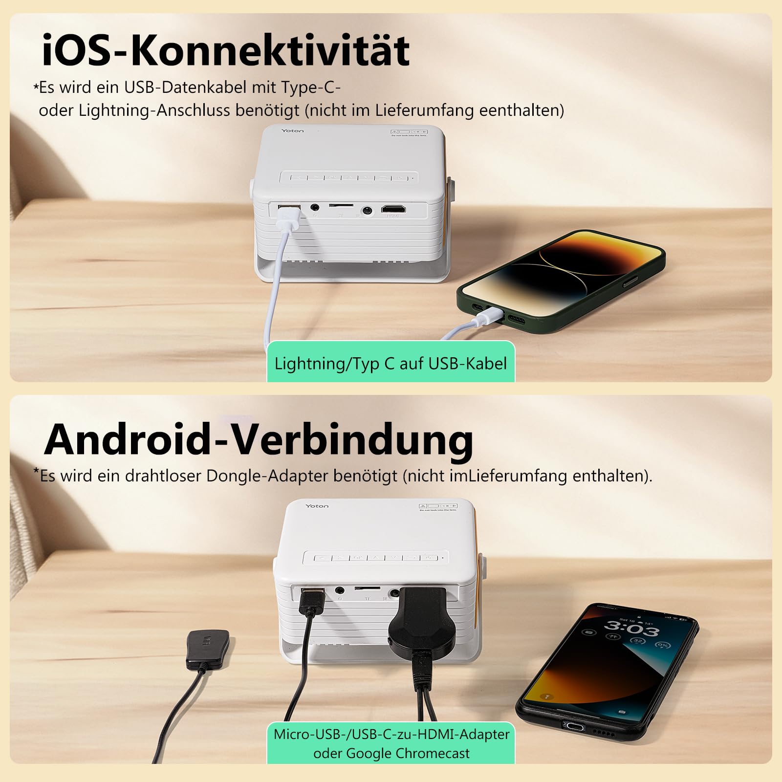 YOTON Mini Beamer Klein[180°Drehung & Auto Keystone] New Y3 Mini Projektor 1080P Unterstützt 15000L, 50% Zoom Tragbarer Beamer für Heimkino Schlafzimmer Kompatibel mit HDMI/USB/Phone/PS5/TV Stick