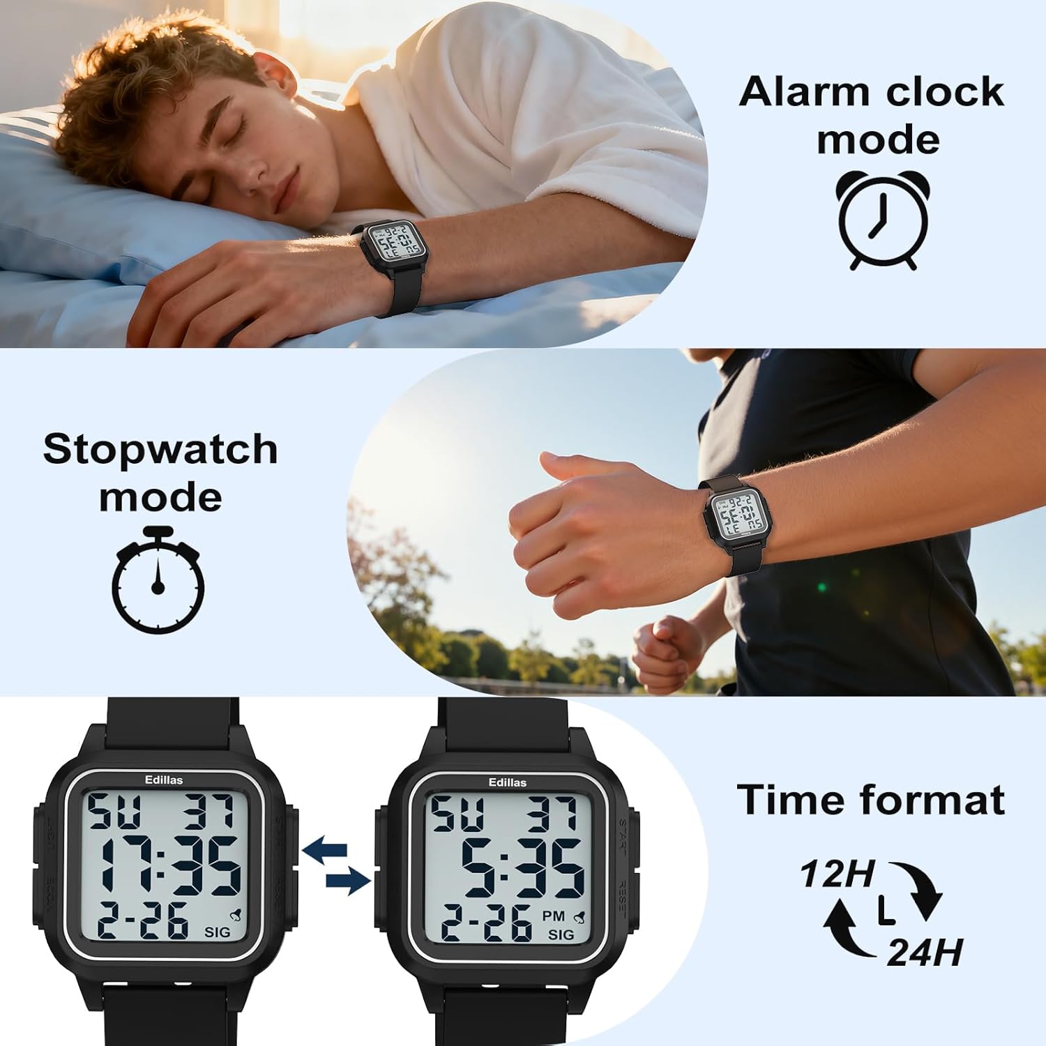 Edillas 461D watch displaying 12-hour and 24-hour time formats