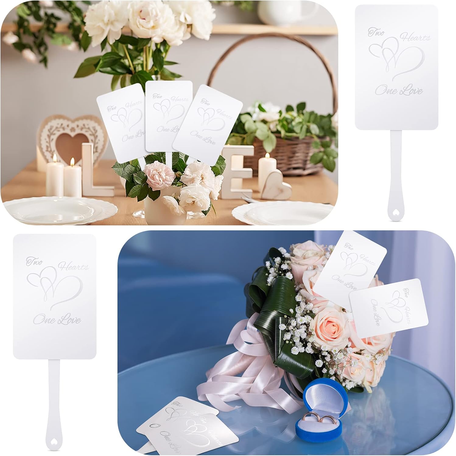 Maitys 48 Pcs Paper Wedding Hand Fans for Outdoor Wedding Bulk Silver Two Hearts Wedding Hand Fans for Guest Card Stock Fans with Plastic Handle for Hot Outdoor Wedding Ceremony Gift Party Favors