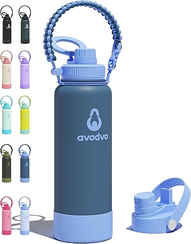 Miniatura 56 de Botella de agua aislada avodvo de 12 onzas con 2 tapas (tapa con popote y boquilla de 2 en 1, tapa magnética), botella de agua para niños con Azul