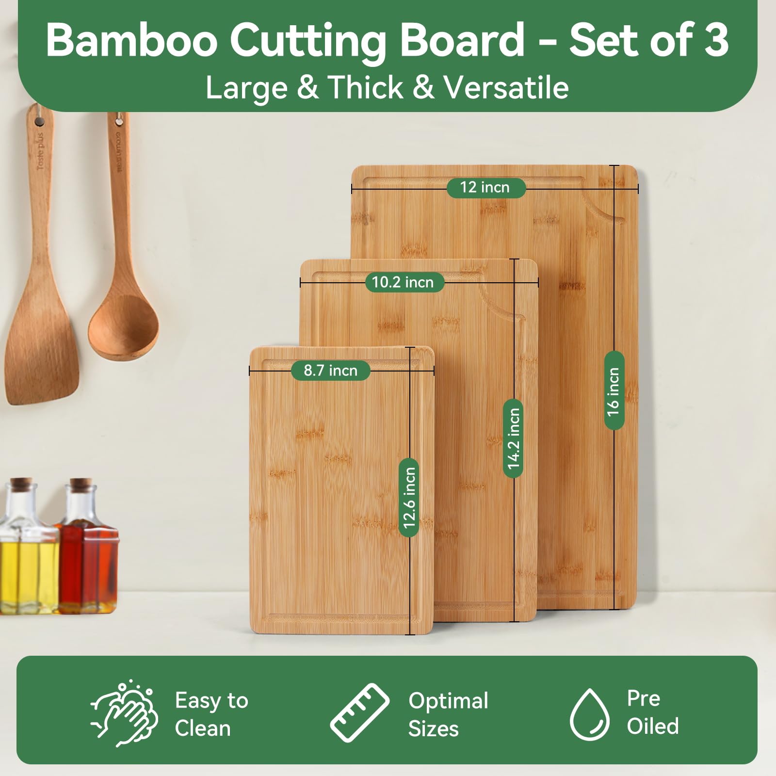 Juego de 3 Tablas de Cortar de Bambú para Carne, Jamón, Pan y Quesos