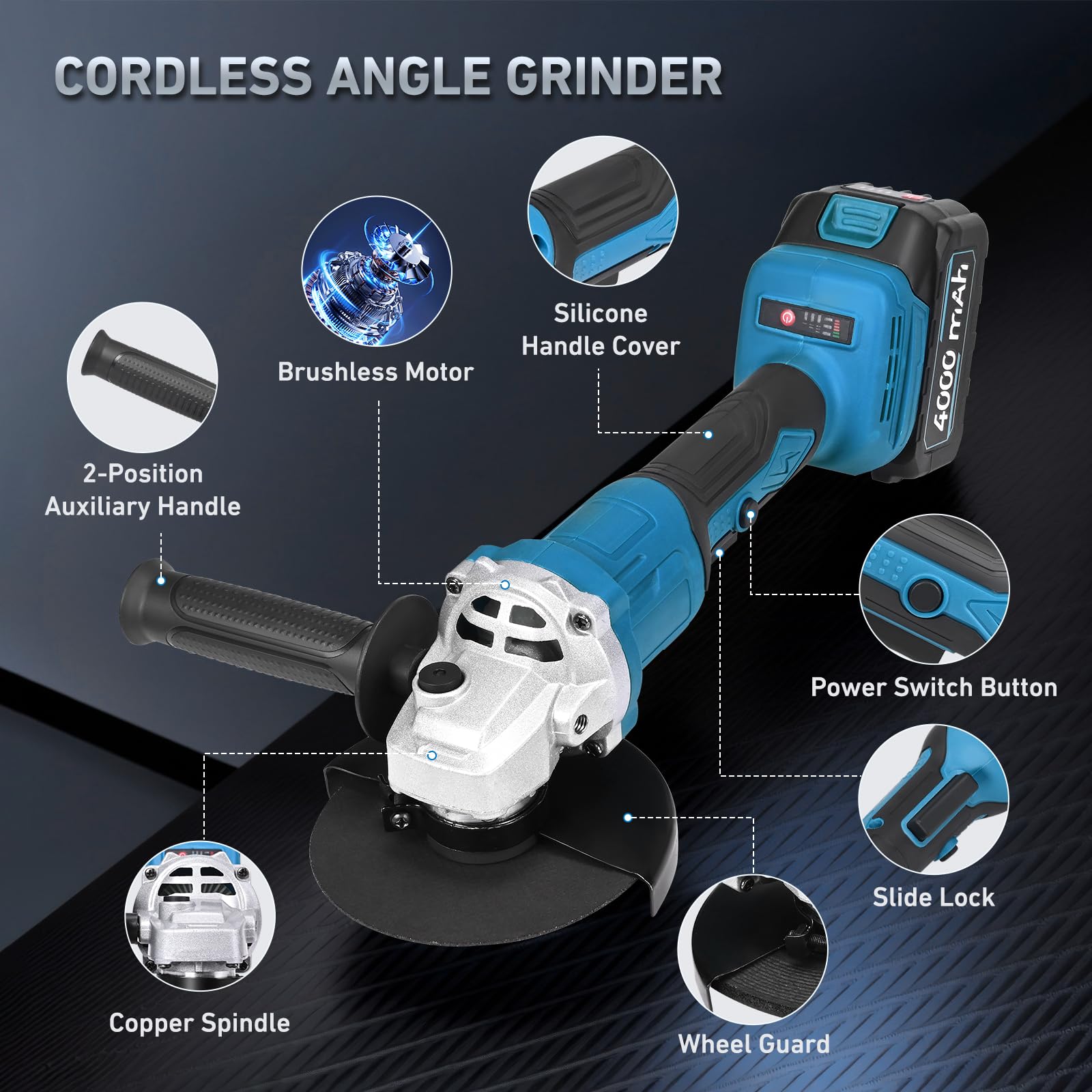 Amoladora Angular a Batería, 900W Amoladora Angular sin Escobillas, incl. 2x Batería 4.0Ah & Cargador Rápido, vel. regulable, Amoladora inalámbrica para Cortar, Pulir y Amolar