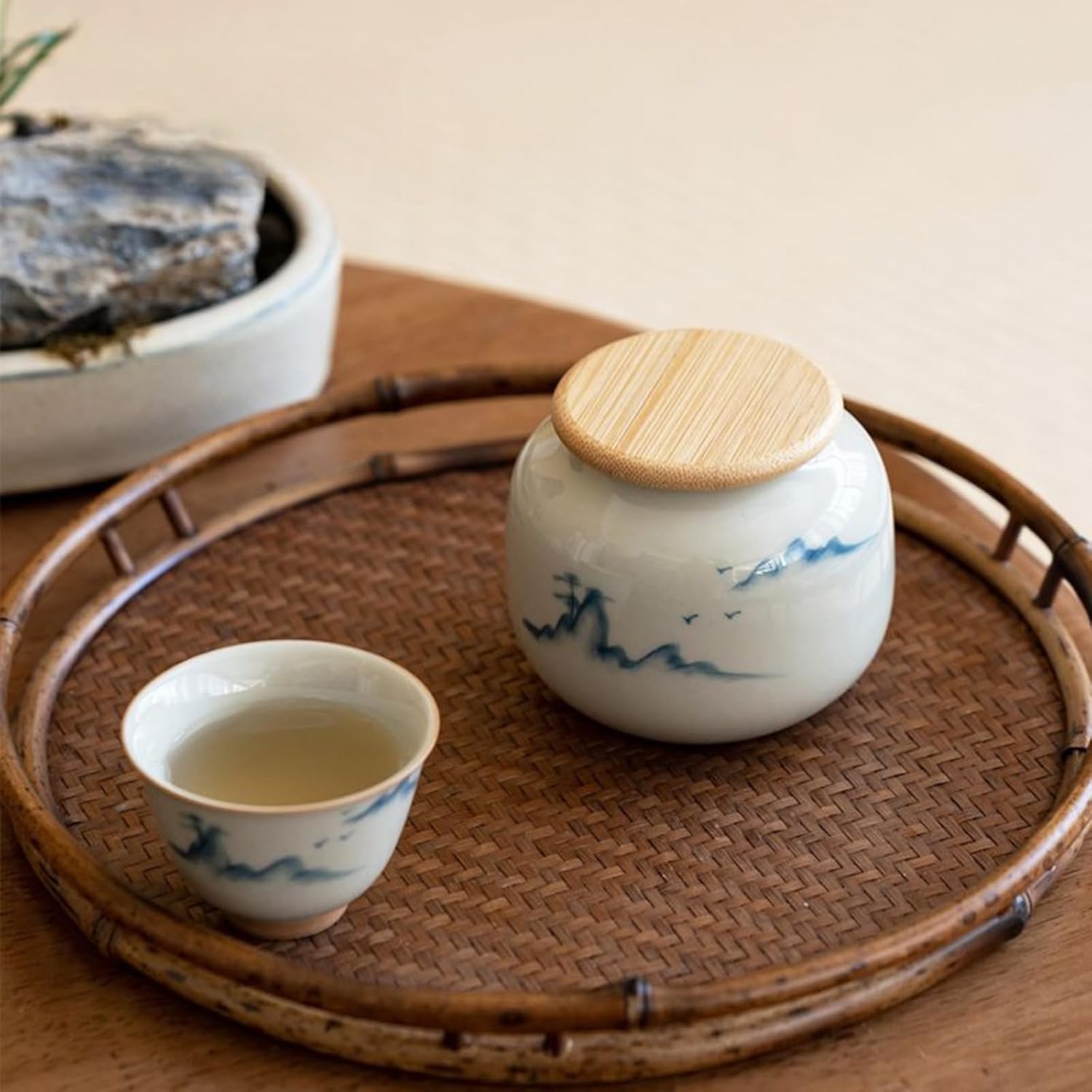 Hand-drawn Ceramics Mini Tea Canister, 190ml 6.5oz, Portable Sealed Jar Home Tea Set Accessories