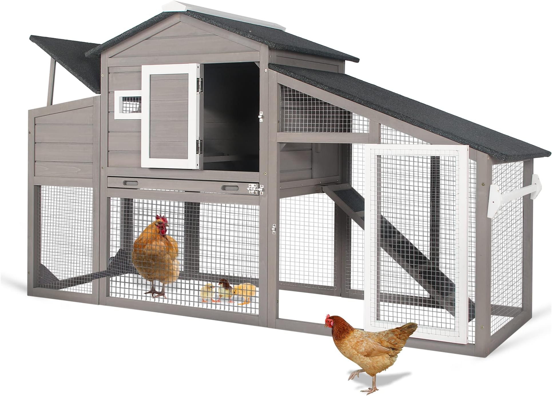 69" Chicken Coop Large Wooden Chicken Tractor with Wheels Waterproof Outdoor Hen House Poultry Cage Back Yard Chicken Coops with Run, Laying Boxes and Secure Enclosure (Sloping Roof)