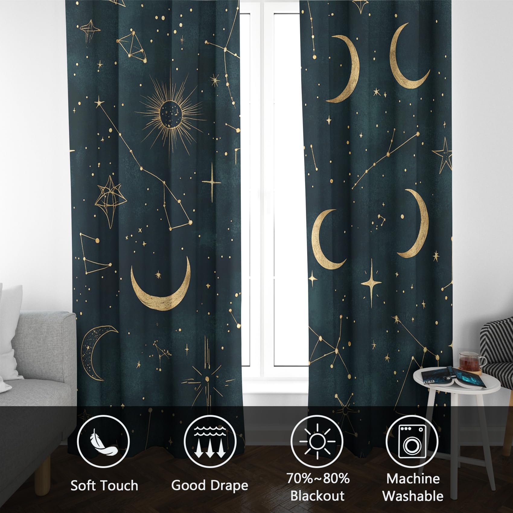 Generisch Vorhang Sterne Mond Blickdicht, Vorhänge Witchy Sternbilder, Fenster Gardinen Schlafzimmer Wohnzimmer, Verdunklungsvorhänge mit ösen, Thermovorhang, 2er Set Curtains, H 175 x B 140 cm Uj55