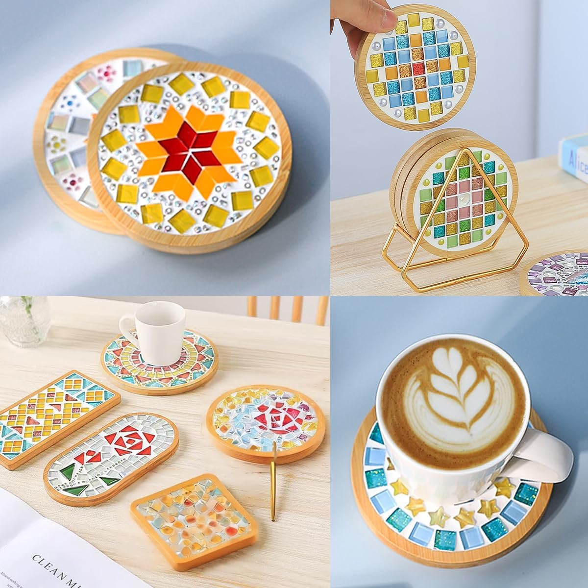 FOCCTS 6 Sets DIY Mosaic Coaster Kit - Mixed Color Mosaic Kits with Wooden Coasters for Adults, DIY Glass Mosaic Tiles for Crafts, Handmade Coaster Making Set for Handmade Home Decoration Gift (Round)