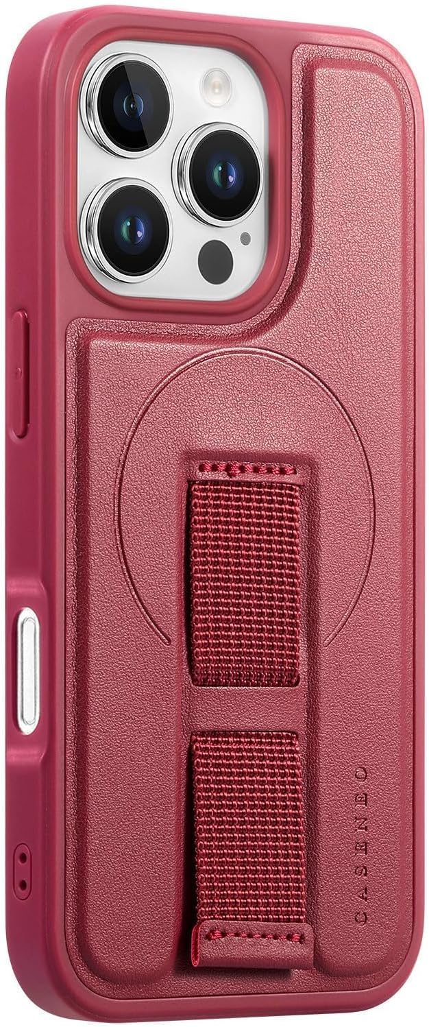 Magnetic for iPhone 16 Pro Case with Strap [Compatible with MagSafe][Wristband Anti-Drop][Leather Back] Bumper Shockproof Protective Cover Men Women Phone Case for iPhone 16 Pro 6.3", Red - Image 8