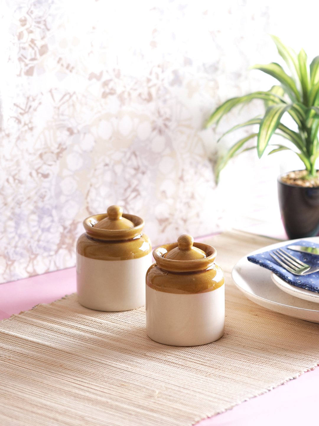 VarEesha Hand-made Brown Offwhite 4 Inch Small Ceramic Chutney Jars Set of 2|Non Airtight Old School Ceramic Barni| Ceramic Pickle Jars| Chutney Jars|200 ML (Set of 2 Multipurpose Kitchen Containers)