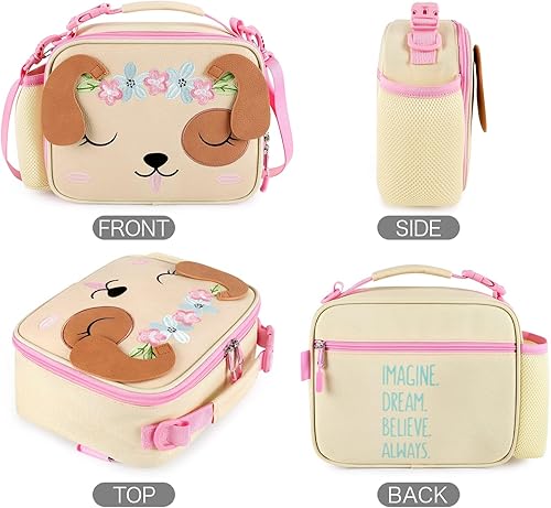 Miniatura 4 de mibasies Lonchera con aislamiento de cuero para niñas con soporte para botella de agua y correa para el hombro (perro)