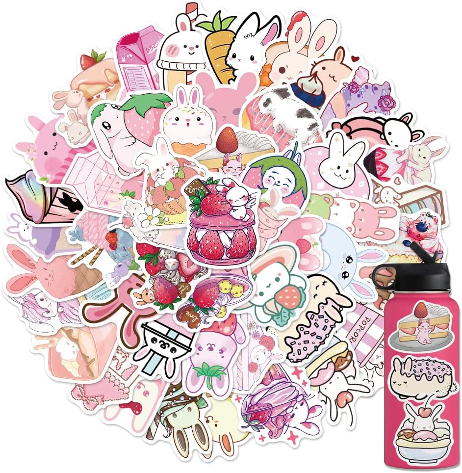 Tuqiso 50PCS Cute Pink Rabbit Dessert Stickers for Water Bottles, Kawaii Aesthetic VSCO Stickers for Laptop Hydroflask Skateboard, Waterproof Vinyl Sticker Pack Gift for Kids Teens Girls Pink Rabbit