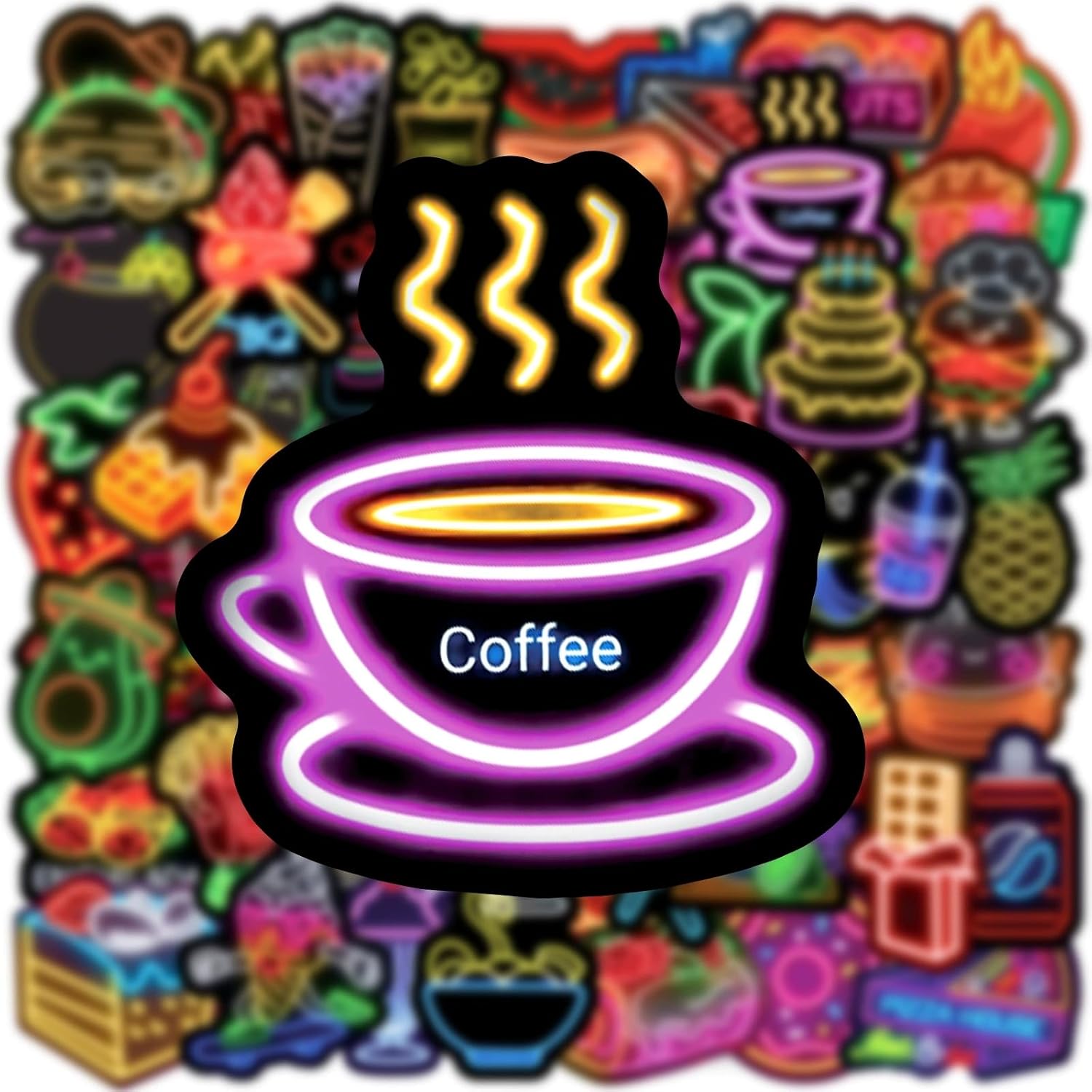 50Pcs Cool Neon Food Stickers,Waterproof Vinyl Aesthetic Fast Food Stickers for Journaling,Laptop,Water Bottle,Planner, Scrapbook,Phone Case,Luggage,Skateboard,DIY Decor for Food Lovers image 2