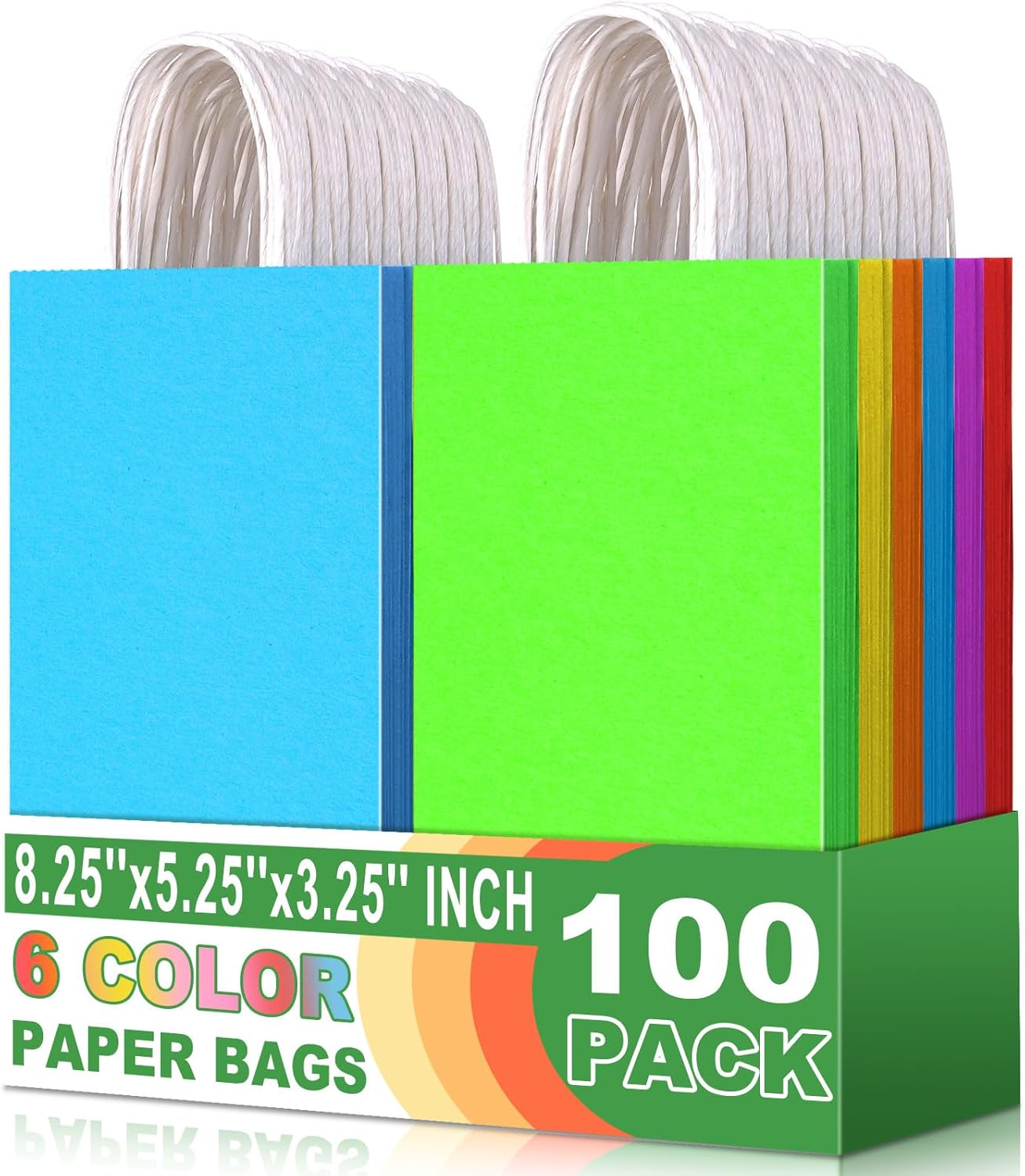 Small Colorful Gift Bags with Handle Pastel Gift Bags 100 Pack, 5.25x3.25x8.25 Inch Paper Goodie Bags for Wedding, Christmas, Birthday Party Favors, Grocery, Craft, Retail Shopping, Goody, and Business