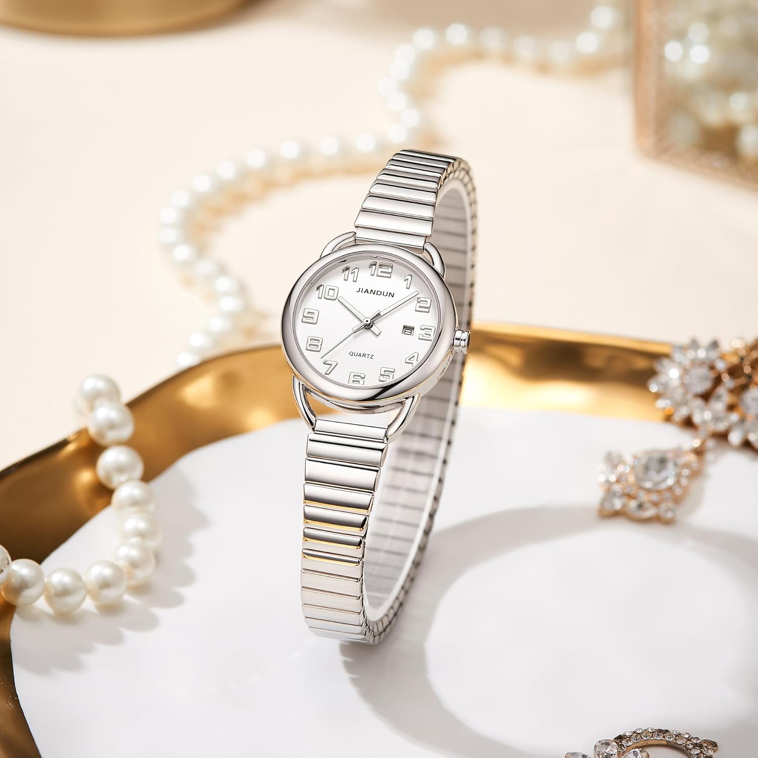 JIANDUN Waterproof Petite Gold Watch,Classic Women's Elegant with Watch,Stainless Steel Expansion Band, Water Resistant - Image 4