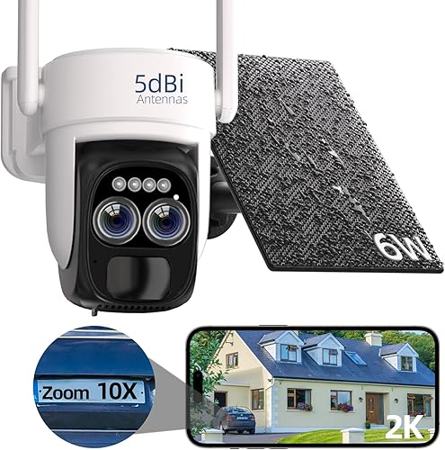 Rraycom Cámara de seguridad solar inalámbrica de 4 MP para exteriores, cámara doméstica de 360 PTZ alimentada por batería 2K con panel solar de 6 W,