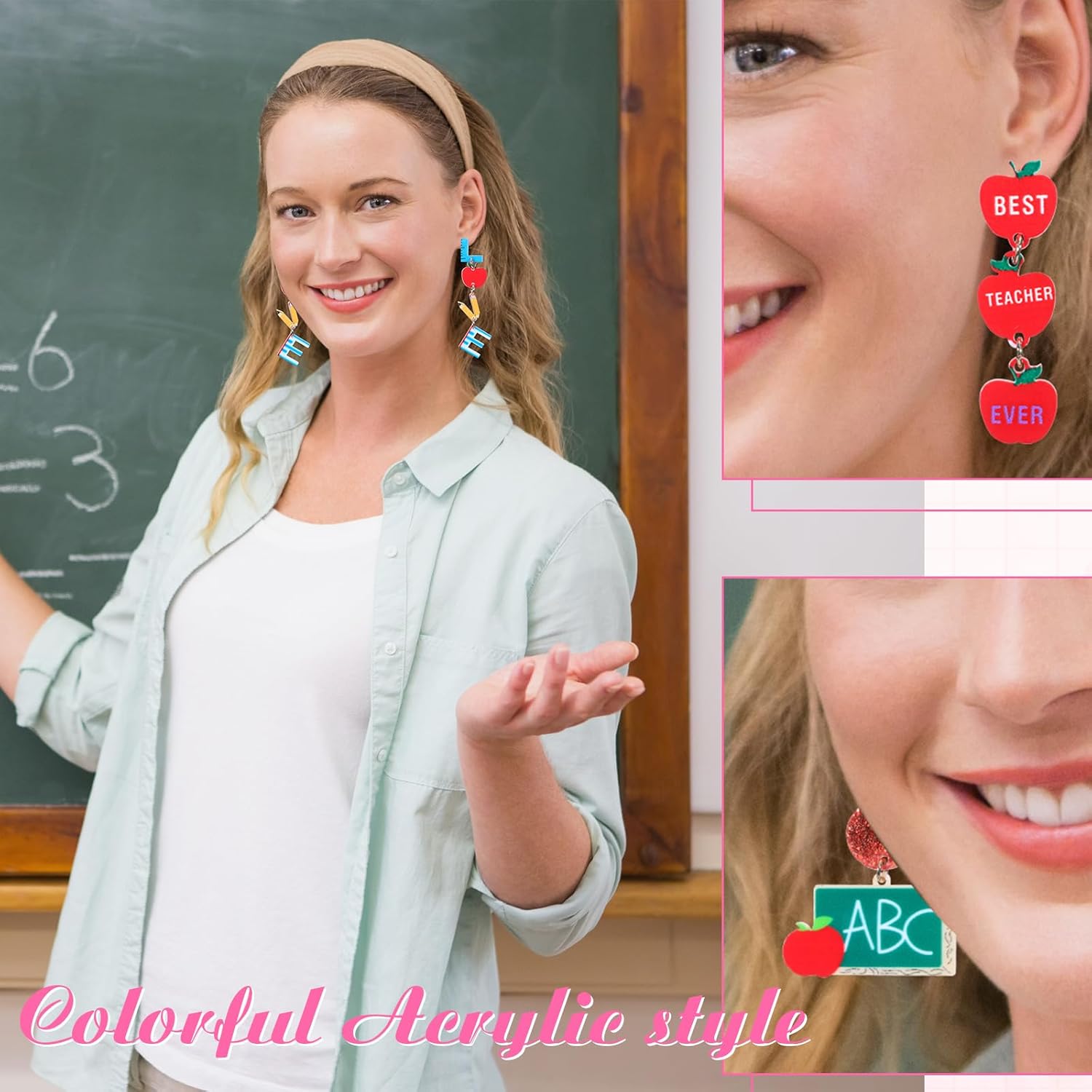 Batiyeer 12 Pairs Teacher Earrings for Women Pencil Earrings Gifts Teacher Appreciation Gifts Artist Painter Creative Rainbow Love Heart Acrylic Dangle Set - Image 3