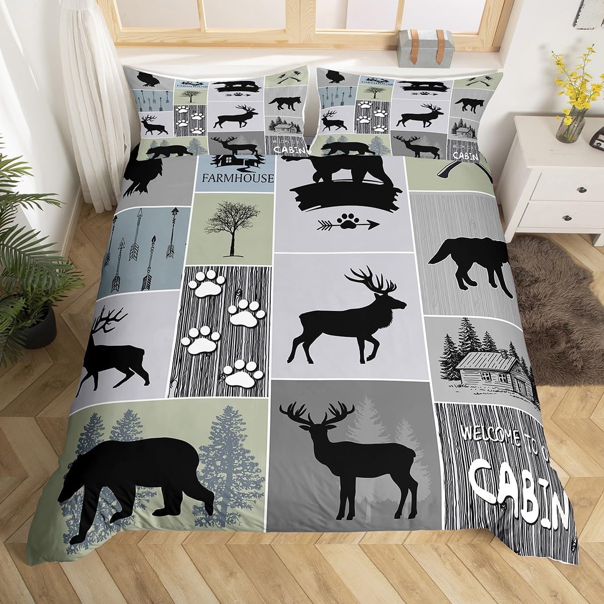 Feelyou Black Bear Deer Duvet Cover Queen Size Rustic Cabin Comforter Cover Wolves Howling Bedding Set Wild Animal Bedspread Cover for Kids Boys Girls Adults with 2 Pillow Case